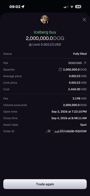 A cryptocurrency trading app screenshot displays a fully filled 'Iceberg buy' order for 2,000,000.0 DOG at an average price of 0.00123 USD, costing 2,460.00 USD.