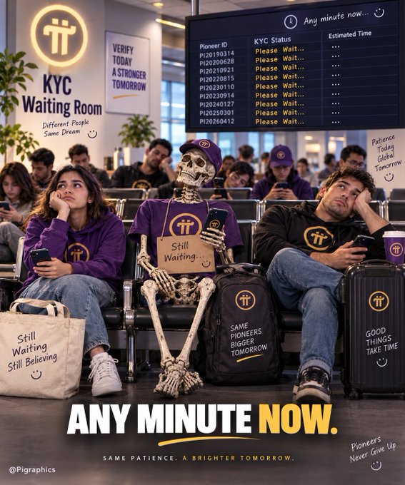A satirical illustration of a 'KYC Waiting Room' featuring people and a skeleton wearing 'π' branded clothing with signs reading 'Still Waiting...' and 'Pioneers Never Give Up', captioned 'ANY MINUTE NOW.'