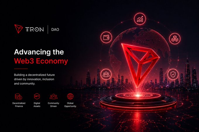 A promotional graphic for TRON DAO featuring a red TRX logo in front of a city skyline with the text 'Advancing the Web3 Economy' and bullet points for Decentralized Finance, Digital Assets, Community Driven, and Global Opportunity.