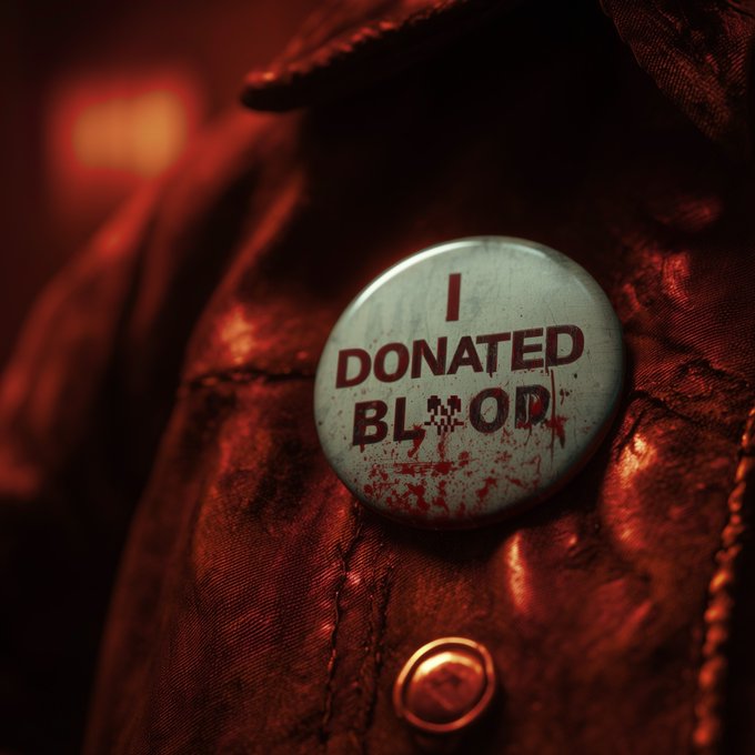 A close-up of a blood-splattered pin reading 'I DONATED BLOOD' pinned to a dark red fabric, possibly a jacket.