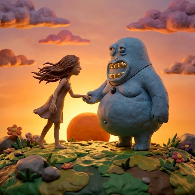 A claymation-style scene of a thin girl shaking hands with a large blue creature with gold teeth at sunset on a grassy hill with flowers.