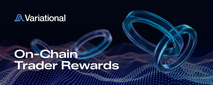 A digital promotional banner displays the 'Variational' logo and the text 'On-Chain Trader Rewards' against a dark background featuring glossy blue 3D rings.