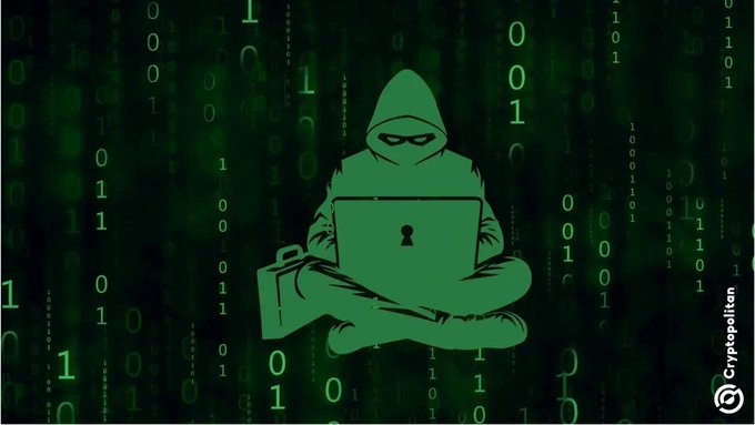 A green digital illustration of a hooded hacker figure sitting cross-legged with a laptop and briefcase against a Matrix-style background of falling binary code, branded with 'Cryptopolitan'.