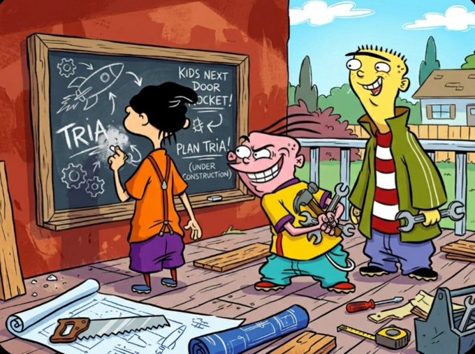 The image features a cartoon scene of three cartoon characters - a boy holding a wrench, another boy with a saw, and a girl drawing on a chalkboard. The chalkboard has the words "Kids next door! Door knob! Plan Tria!" written on it. The children are engaged in various activities related to construction or building something, which is an essential aspect of the post's message about using crypto for everyday life.