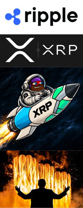 A vertical meme image featuring the Ripple logo and XRP symbol at the top, an astronaut riding an XRP-branded rocket in the middle, and a silhouetted figure with raised arms in front of flames at the bottom.