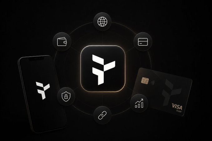 A dark-themed promotional graphic showing a 'Y' logo (likely Yield.xyz or similar) alongside a smartphone app and a Visa debit card, surrounded by feature icons.