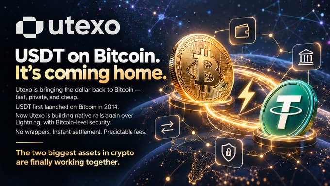 A promotional graphic for Utexo announcing 'USDT on Bitcoin. It's coming home,' highlighting native rails, Lightning, Bitcoin-level security, and 'The two biggest assets in crypto are finally working together.'