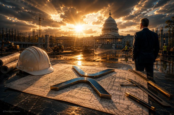 A cinematic scene showing a construction site with a man in a suit overlooking blueprints, a white hard hat, construction tools, and a prominent metallic 'X' symbol, set against a sunset with the U.S. Capitol building in the background.