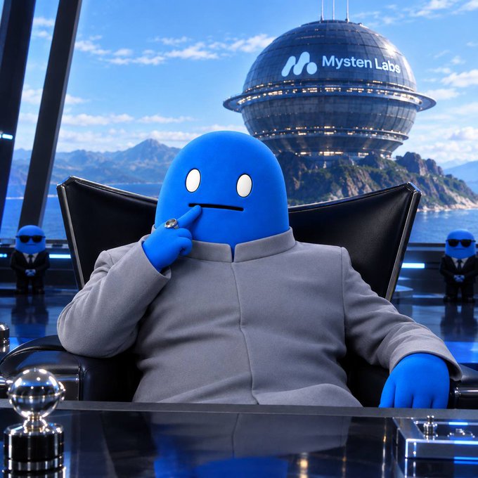 A blue cartoon character wearing a gray suit sits pensively in an office chair, with the "Mysten Labs" logo displayed on a futuristic spherical building behind them, flanked by two small blue-suited figures in sunglasses—evoking a villainous mastermind contemplating the ambitious "One Billion TPS" claim.