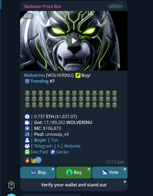 A Telegram message screenshot from 'Skeleton Price Bot' admin showing a meme coin called 'Wolverinu (WOLVERINU)' with a price of 0.737 ETH ($1,837.07) and various buy links.