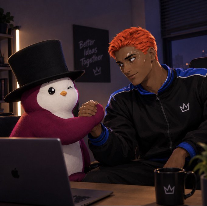 A red-haired character in a black and blue tracksuit with a crown logo fist-bumps a plush penguin wearing a top hat at a desk with a laptop and mug, while a wall sign reads "Better Ideas Together." The image reflects the rebranding message, symbolizing a fresh start and partnership toward winning goals with renewed energy.