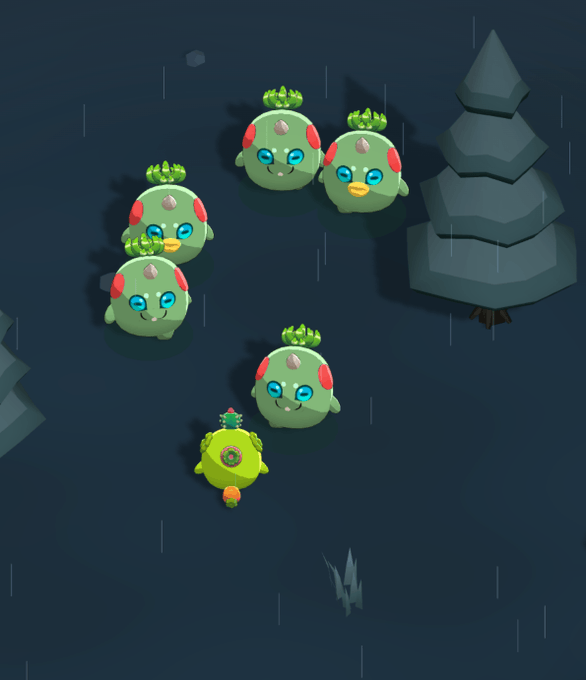 A 3D illustration shows several round, green, bird-like creatures with small leaf crowns, standing in the rain at night next to a stylized pine tree.