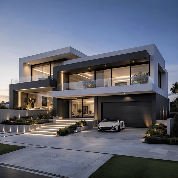 A sleek modern luxury home with a white sports car parked in the driveway at dusk, featuring illuminated interiors and minimalist architecture. The image aligns with the "touch some grass" message by showcasing the kind of aspirational, grassy property setting that invites stepping outside to enjoy.