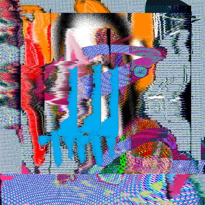 Abstract glitch art with vibrant colors, distorted imagery, and pixelated textures in shades of blue, pink, orange, and green.