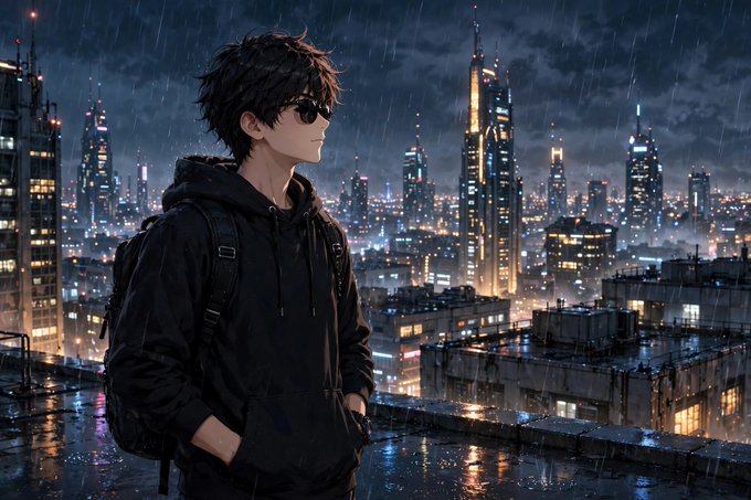 An anime-style illustration of a young man wearing sunglasses and a black hoodie, standing on a rooftop overlooking a rainy, illuminated city skyline at night.