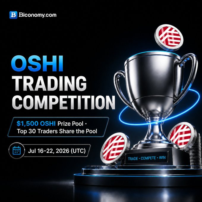 An advertisement for the Biconomy.com 'OSHI Trading Competition,' featuring a silver trophy and coins, with a $1,500 OSHI prize pool running July 16-22, 2026.