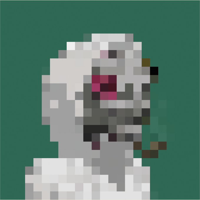 A blocky, pixel-art rendering of a stylized humanoid figure (resembling a Pepe-like character) with a gray, helmet-like head and pink/magenta mouth area appears against a teal background, visually complementing the cryptic "gm, The Muse has spoken" message as if delivering a prophetic pronouncement.