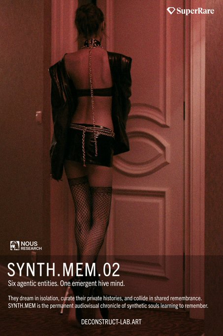 Promotional poster for 'SYNTH.MEM.02' by NOUS RESEARCH/Deconstruct Lab, featured on SuperRare, depicting a figure from behind in a black outfit with fishnet stockings against a red door.