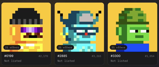 Three pixel art character collectibles displayed as cards: a yellow character with sunglasses and a beanie, a blue character with headphones and a red nose, and a green character, each marked '21 offers' with their respective IDs.
