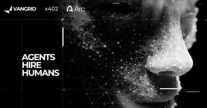 Dark futuristic banner featuring "VANGRID" and "Arc" logos with the tagline "AGENTS HIRE HUMANS" next to a digital wireframe rendering of a human face.
