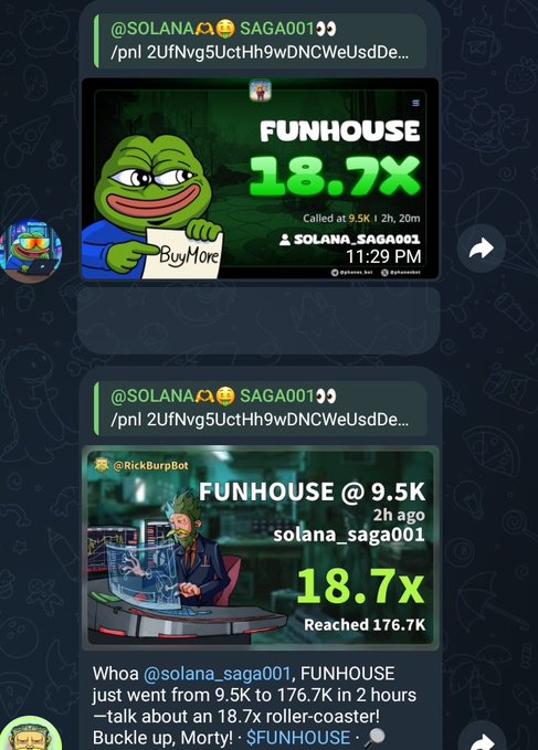 Two Telegram message screenshots from '@RickBurpBot' showing a 'FUNHOUSE' call that went from 9.5K to 176.7K, an '18.7x' gain on $SOLANA_saga001.