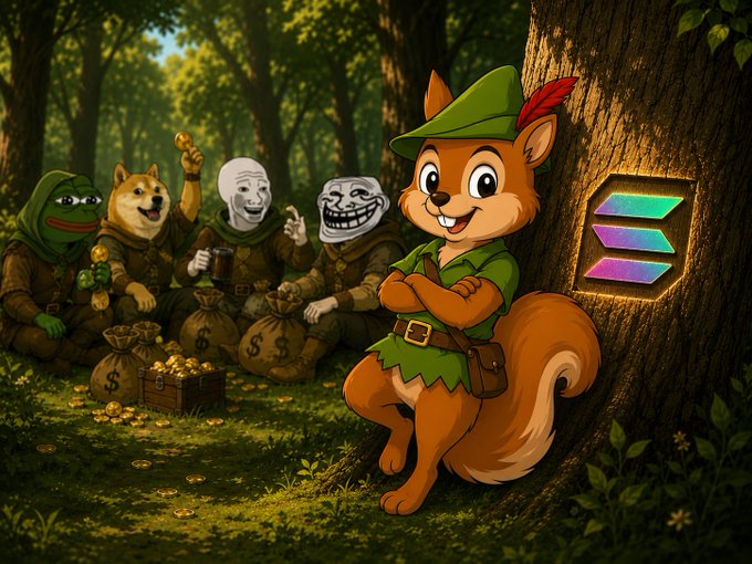 A cartoon squirrel in a green Robin Hood-style outfit stands confidently in front of a tree with a glowing Solana logo, while meme characters (Pepe, Doge, Wojak, Trollface) count gold coins and money bags in the forest background.