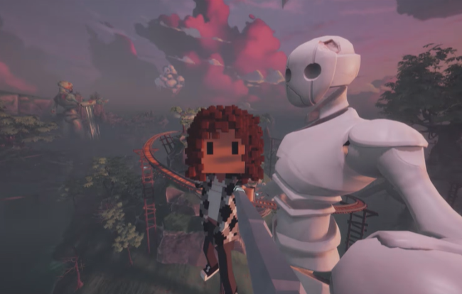 ursa, a white robot with black eyes and arms, stands on a platform amidst a lush green landscape, accompanied by a red-haired girl and a pink sky backdrop.