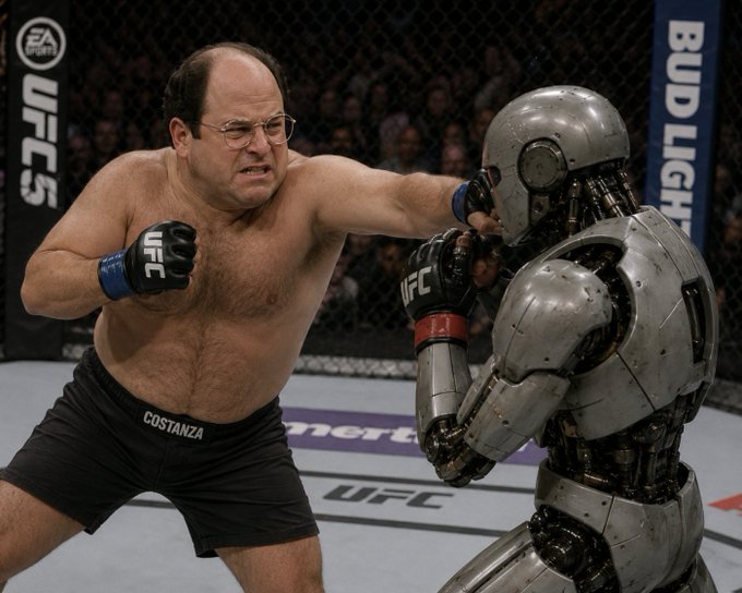 A humorous UFC octagon scene featuring George Costanza (in 'COSTANZA' branded shorts) throwing a punch at a humanoid robot opponent, with EA Sports UFC 5 and Bud Light signage visible.