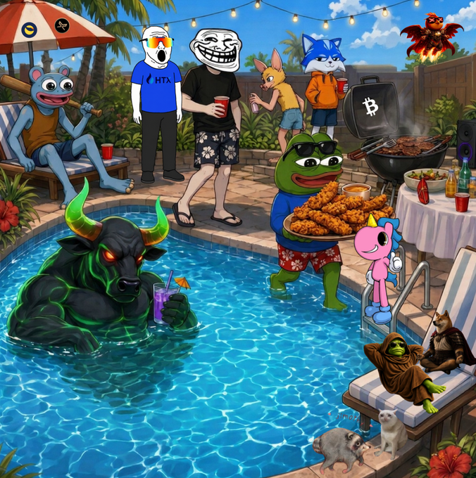 A chaotic cartoon pool party scene featuring various meme characters including a Trollface, a demon, Sonic, Pepe the Frog, and others gathered around a swimming pool with food and drinks.
