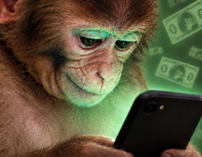 A monkey intensely stares at a smartphone while floating dollar bills with green tinting surround it, visually reinforcing the meme's theme of crypto wealth—specifically the $fone token and its "Holder Rewards" program that pays users for simply holding the token.