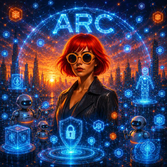 The image features a woman wearing sunglasses, standing in front of a city skyline at sunset. The sky behind her has a warm orange hue, creating a visually appealing backdrop for the scene. Surrounding the woman are various robots and other digital elements that appear to be part of an interactive art installation or social media post. The caption below the image reads: "Good afternoon everyone here'S the simple version of what @TheARCTERMINAL is trying to do right now Web3 is fragmented too many apps too many risks too much complexity even experienced users deal with constant friction".