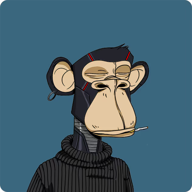 The image features a cartoon monkey wearing a black sweater, holding a cigarette between its teeth while sitting against a blue background. The caption below the image reads "Bored Ape Yacht Club @BoredApeYC". This suggests that the image is related to an online community or platform where people share and discuss their interests in various topics, including comic books and pop culture.

The monkey's attire and the presence of a cigarette might be interpreted as a representation of a character from a popular cartoon series or a meme, possibly referencing the "Bored Ape" franchise. The image could also serve as an example of how people can express their interests through various mediums like art, fashion, or even social media platforms.