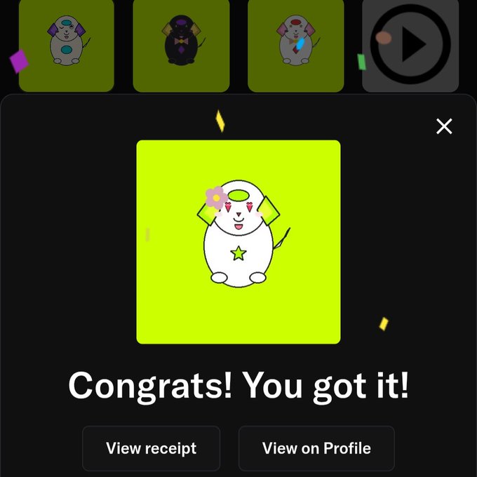 A screenshot of a digital collectible or character trading interface showing a white mouse-like character with a flower and a star on its chest against a green background, with the text "Congrats! You got it!" and buttons for "View receipt" and "View on Profile".