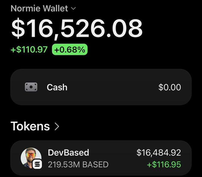 A screenshot of a 'Normie Wallet' showing a balance of $16,526.08 (+$110.97, +0.68%), with Cash at $0.00 and a token holding of 219.53M BASED (DevBased) valued at $16,484.92.