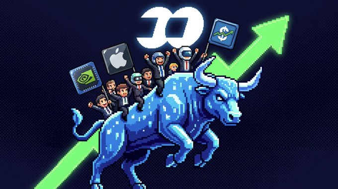 A pixel art illustration of a blue bull charging upward with a green arrow, carrying small suited figures and icons including an Apple logo and the Robinhood logo.