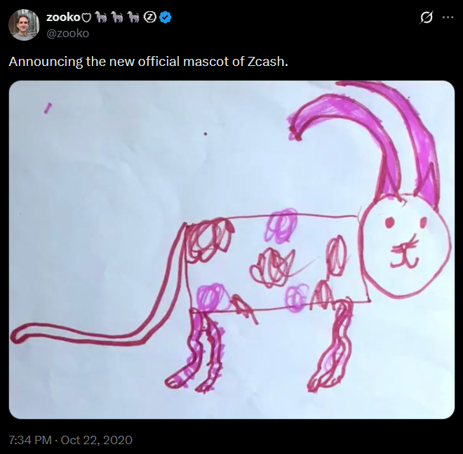 A tweet from user @zooko announces "the new official mascot of Zcash," featuring a child's crayon drawing of a purple four-legged animal with long ears, spots, and a tail, posted at 7:34 PM on Oct 22, 2020. The whimsical, hand-drawn mascot fits the post's playful ZCASH meme culture and casual, "very very early" tone urging viewers to pay attention to the project.