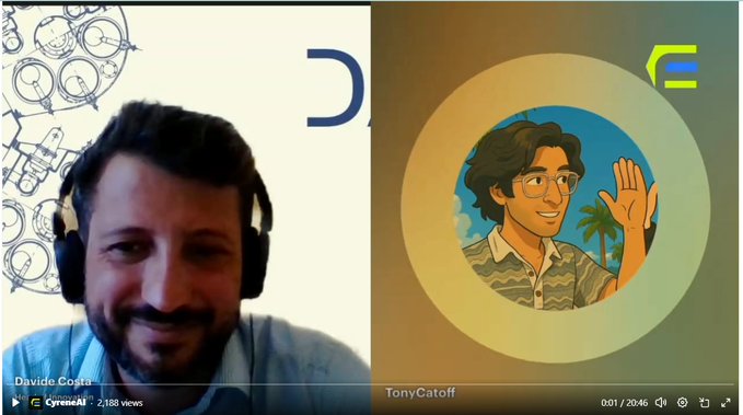 A split-screen showing a man named Davide Costa on a CyreneAI call and a cartoon avatar of TonyCatoff.