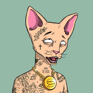 A cartoon illustration of a tattooed hairless cat (Sphynx) with various tattoos including an eye, cross, and 'NETTI PHONE PHOBIA', wearing a gold chain with an XRP coin pendant against a green background.