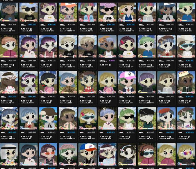 A screenshot of an NFT marketplace displaying a grid of cartoon-style character avatars with various hairstyles and accessories, each listed with ETH prices and details like "1.48 ETH" and "Last sale 1.38."