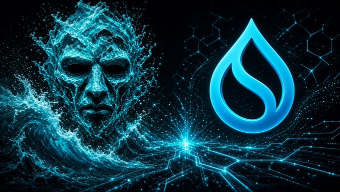 A stylized digital illustration features a face made of splashing blue water on the left, alongside a glowing blue water drop logo on the right, set against a dark, tech-inspired background with circuit patterns.