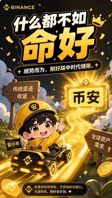 The image features a cartoon boy driving a car, with a sign that says "@cz_binance" above him. The background of the image has gold and black colors, giving it an artistic touch. The text in the image includes Chinese characters, which might be related to the post or the content displayed on the image itself.