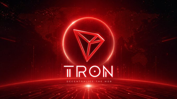 A glowing red TRON logo with the tagline "DECENTRALIZE THE WEB" is displayed against a futuristic grid backdrop, visually reinforcing the post's highlight of TRON's strong Q2 2026 performance, including $715.4M in network revenue and over 1.1B quarterly transactions.