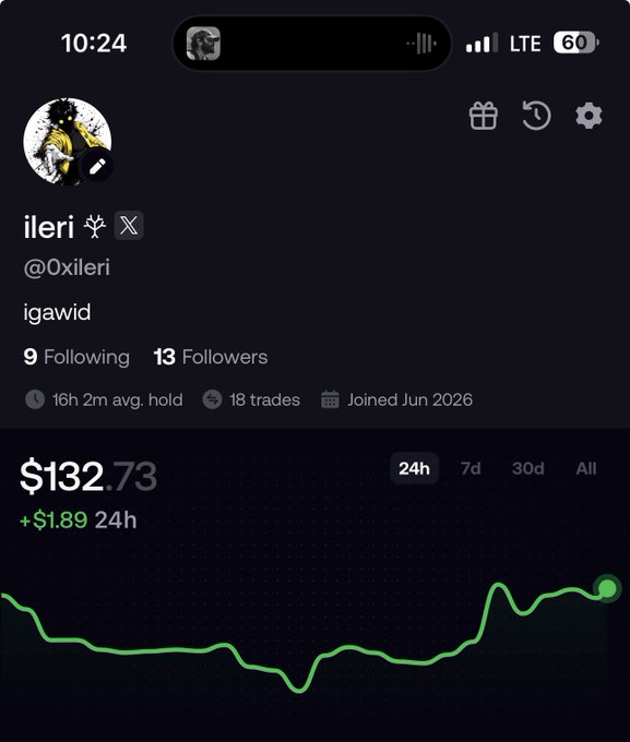 A screenshot of a Robinhood-style trading profile for user "ileri" (@0xileri) showing "igawid" as their bio, with 9 following, 13 followers, and a portfolio value of $132.73 (up $1.89 in 24h). The image appears to illustrate someone's small trading account, fitting the context of the post expressing a desire to 10x their holdings and asking whether to buy $ANSEM.