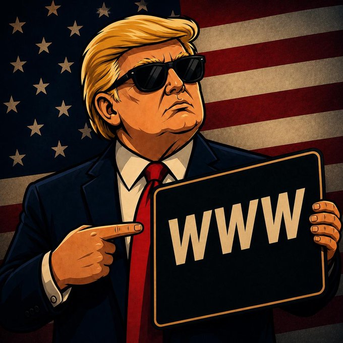 A stylized cartoon illustration of Donald Trump wearing sunglasses and holding a sign that reads "WWW," set against an American flag background, visually representing the rumored $WWW token launch tied to Trump-related projects on platforms like Robinhood and OpenSea.