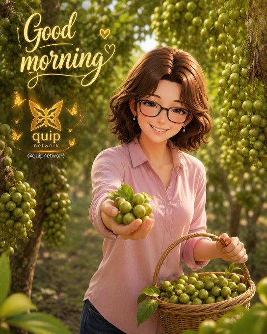 The image features a woman holding a basket full of green grapes, with her face visible as she smiles at the camera. The background includes trees and bushes, creating an outdoor setting for the scene. The caption "Good morning everyone" suggests that this is part of a social media post promoting a good morning message or event.
