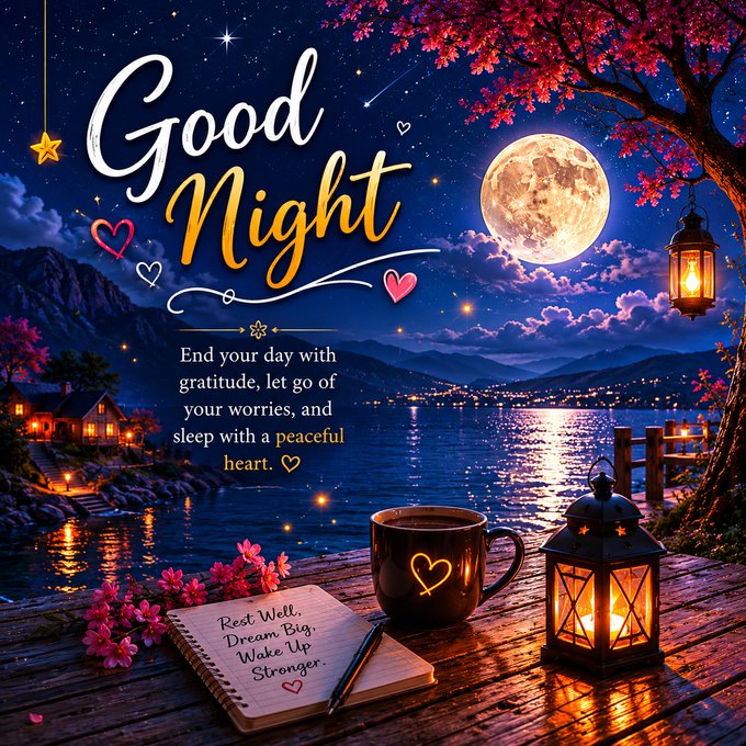 iced coffee, notebook, and lantern sit on a wooden table, with a full moon and mountains in the background, accompanied by a quote about gratitude and sleep.