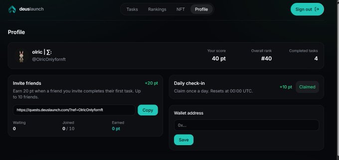 A screenshot of a 'deuslaunch' platform profile page for user 'olric | ♡' (@OlricOnlyfornft) showing a score of 40 pt, overall rank #40, and 4 completed tasks, with options to invite friends (+20 pt) and a daily check-in (+10 pt).