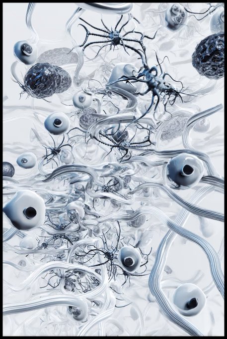 A monochromatic, abstract digital artwork featuring glossy, surreal anatomical forms including eye-like spheres, neurons, and twisted ribbon-like structures in shades of white and dark blue.