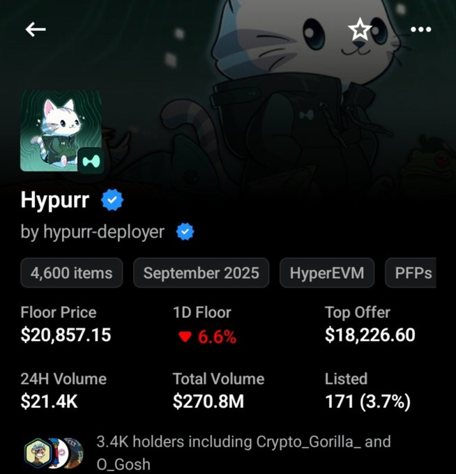 The image shows a NFT marketplace listing for "Hypurr" by hypurrr-deployer, featuring 4,600 items with a floor price of $20,857.15, 24H volume of $21.4K, and 3.4K holders. This supports the joke in the caption about owning 5 Hypurr NFTs "in my dreams," highlighting the collection's high floor price that makes owning multiple pieces an aspirational fantasy for most.
