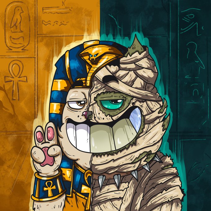 A cartoonish mummy holding up a peace sign is split down the middle—half wrapped in bandages with green skin peeking through, and half adorned in an Egyptian pharaoh's headdress with gold and blue accents—against a background of hieroglyphs, visually representing the "Los Gatos" NFT mint announcement for July 18th.